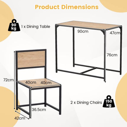 3-Piece Dining Table Set for 2, Metal Frame, Rustic Top