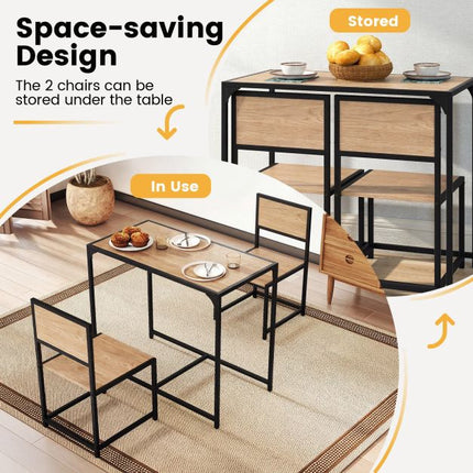 3-Piece Dining Table Set for 2, Metal Frame, Rustic Top