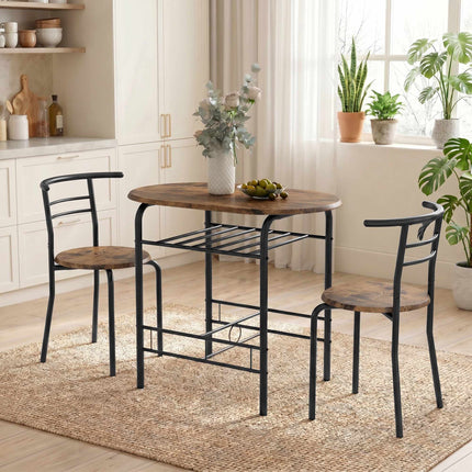 3-Piece Dining Table Set for 2, Shelf, Rustic Brown