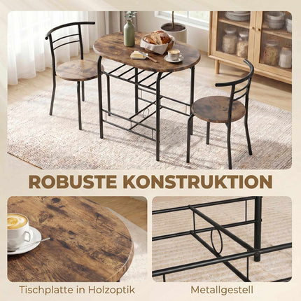 3-Piece Dining Table Set for 2, Shelf, Rustic Brown