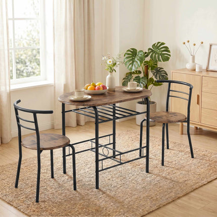 3-Piece Dining Table Set for 2, Shelf, Rustic Brown