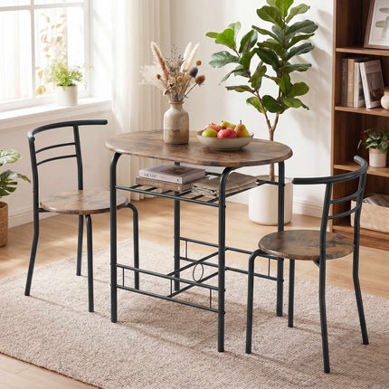 3-Piece Dining Table Set for 2, Shelf, Rustic Brown