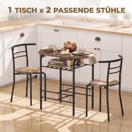 3-Piece Dining Table Set for 2, Shelf, Rustic Brown