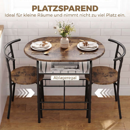 3-Piece Dining Table Set for 2, Shelf, Rustic Brown