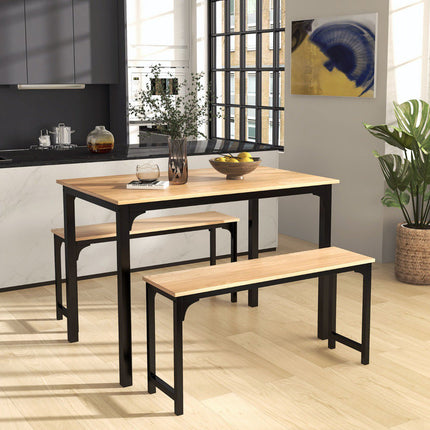 3-Piece Dining Table Set with 2 Benches, Natural