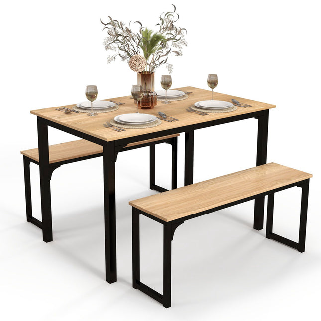 3-Piece Dining Table Set with 2 Benches, Natural