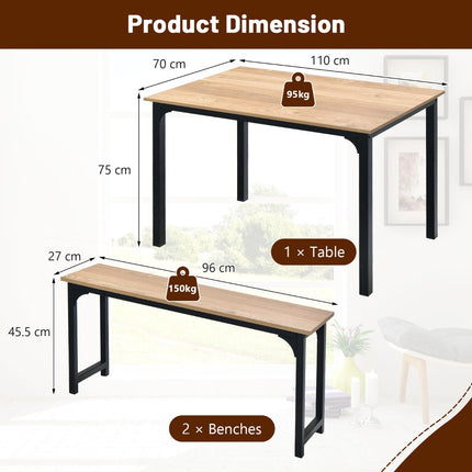 3-Piece Dining Table Set with 2 Benches, Natural
