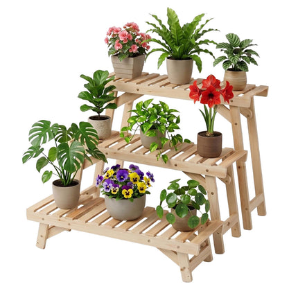 3-Piece Fir Wood Plant Stand Set, Natural Finish