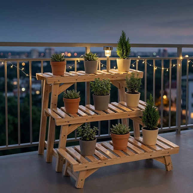 3-Piece Fir Wood Plant Stand Set, Natural Finish