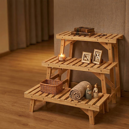 3-Piece Fir Wood Plant Stand Set, Natural Finish