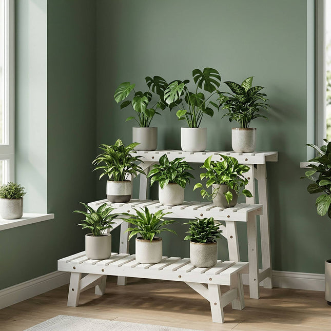 3-Piece Fir Wood Plant Stand Set – White