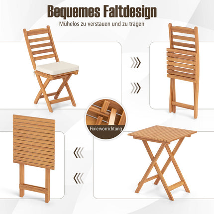 3-Piece Folding Balcony Set with Cushions, Acacia Wood
