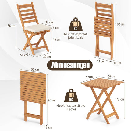 3-Piece Folding Balcony Set with Cushions, Acacia Wood