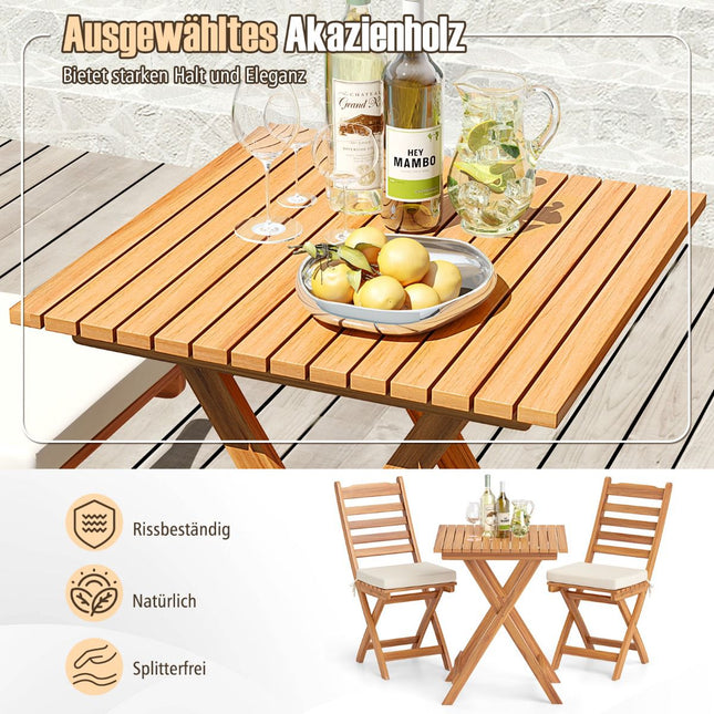 3-Piece Folding Balcony Set with Cushions, Acacia Wood