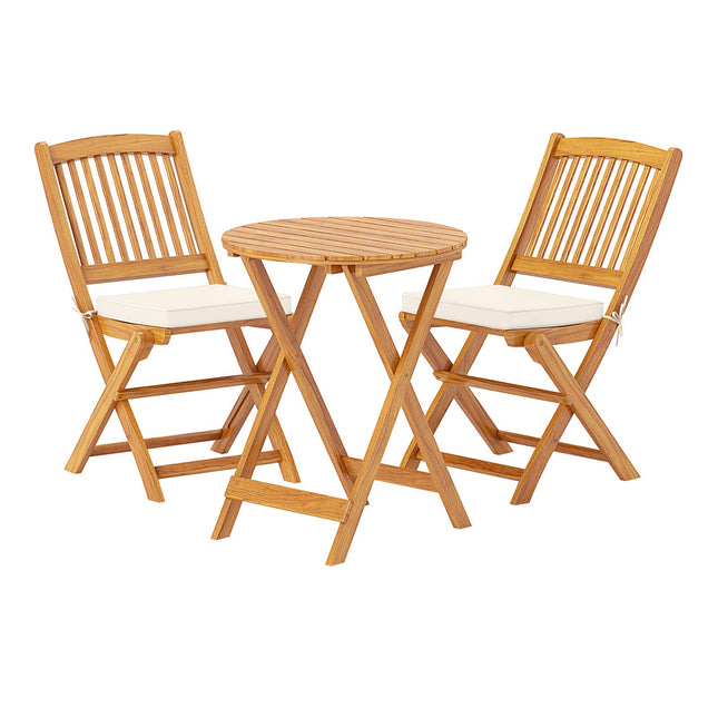 3-Piece Folding Bistro Set – Acacia Wood, Beige Cushions