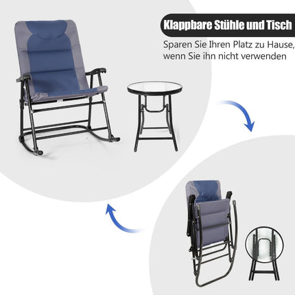 3 Piece Folding Bistro Set Outdoor Rocking Chairs with Table Blue + Gray