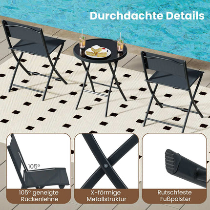3-Piece Folding Bistro Set with Glass Table – Black