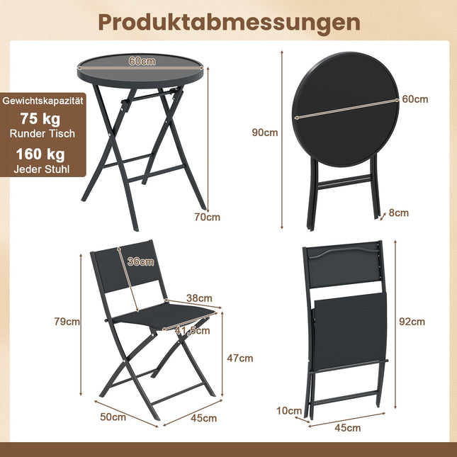 3-Piece Folding Bistro Set with Glass Table – Black