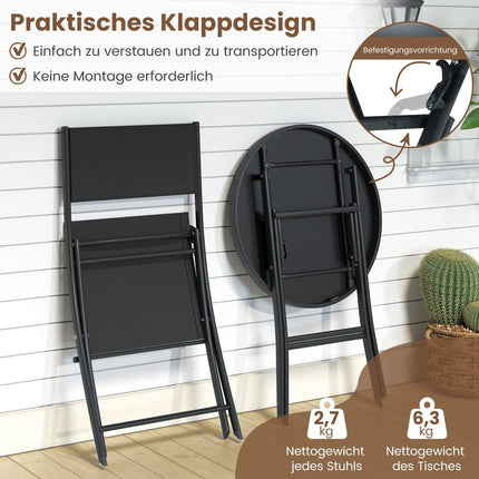 3-Piece Folding Bistro Set with Glass Table – Black