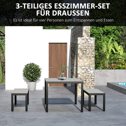 3-piece steel garden set - 2 benches and table, grey