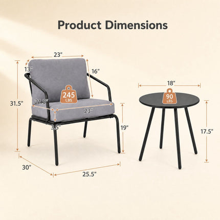 3-Piece Grey Patio Set with Metal Frame & Cushions