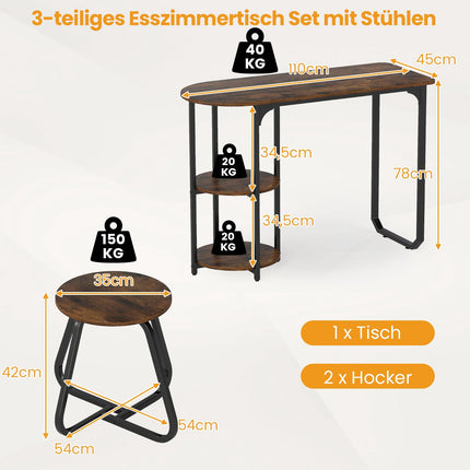 3-Piece Industrial Dining Set with Storage Shelves
