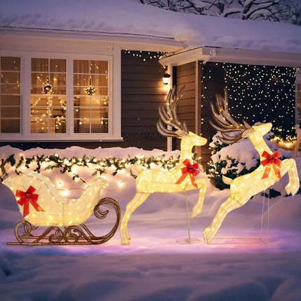 3-Piece LED Reindeer & Sleigh Set with 280 Warm Lights