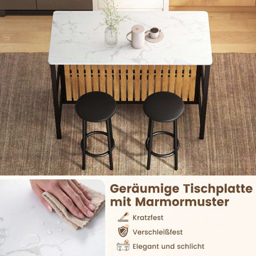 3-Piece Marble Dining Set with Storage and Bar Stools