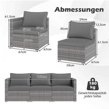 3-Piece Modular PE Rattan Outdoor Sofa Set with Cushions