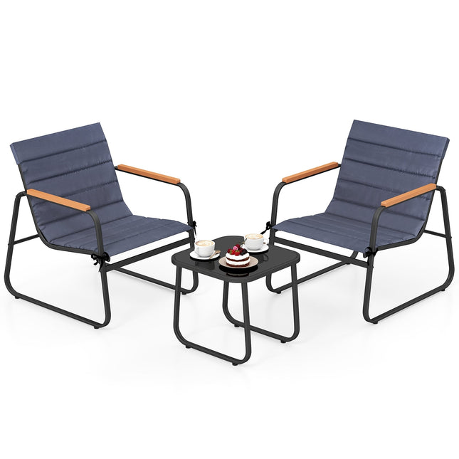 3-Piece Outdoor Bistro Set with Cushions & Glass Table