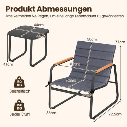 3-Piece Outdoor Bistro Set with Cushions & Glass Table