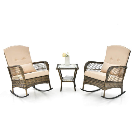 3-Piece Outdoor Rattan Rocking Set, Glass Side Table