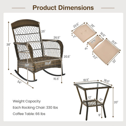 3-Piece Outdoor Rattan Rocking Set, Glass Side Table