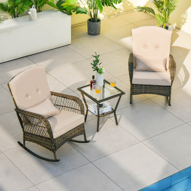 3-Piece Outdoor Rattan Rocking Set, Glass Side Table