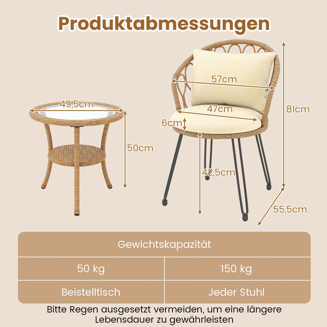 3-Piece PE Rattan Patio Set with Cushions and Table