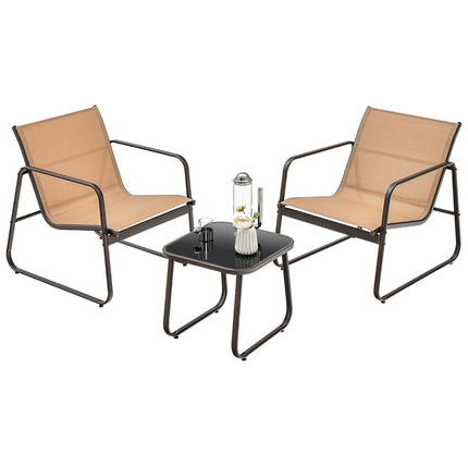 3 Piece Patio Conversation Set Outdoor Metal Chair and Table Set Brown