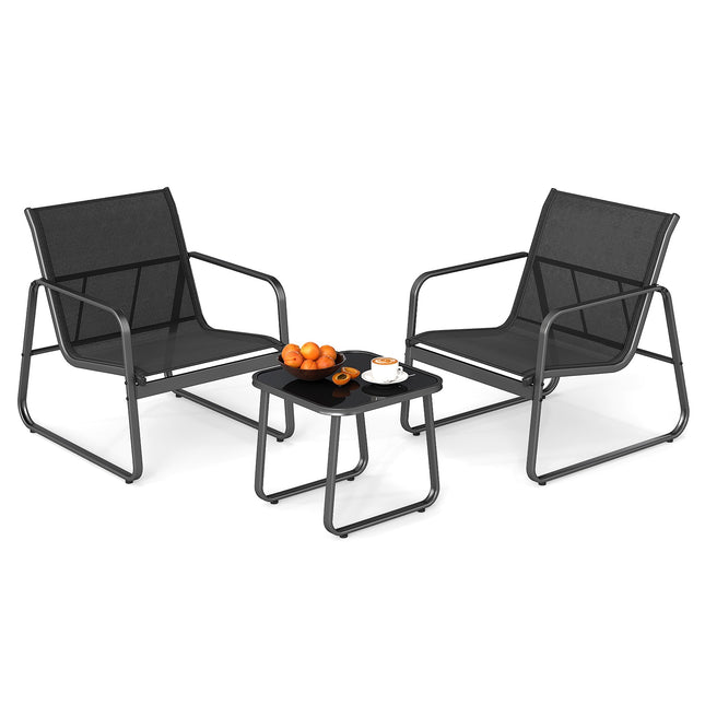 3-Piece Patio Furniture Set, Textilene, Glass Table, Black