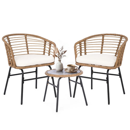 3-Piece Patio Set, White Cushions, Rattan & Glass
