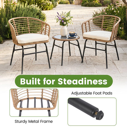 3-Piece Patio Set, White Cushions, Rattan & Glass