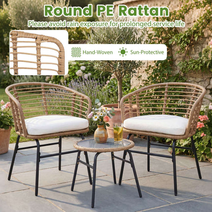 3-Piece Patio Set, White Cushions, Rattan & Glass
