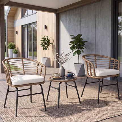 3-Piece Patio Set, White Cushions, Rattan & Glass