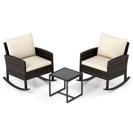 3-Piece Rattan Balcony Set – 2 Rocking Chairs, Glass Table