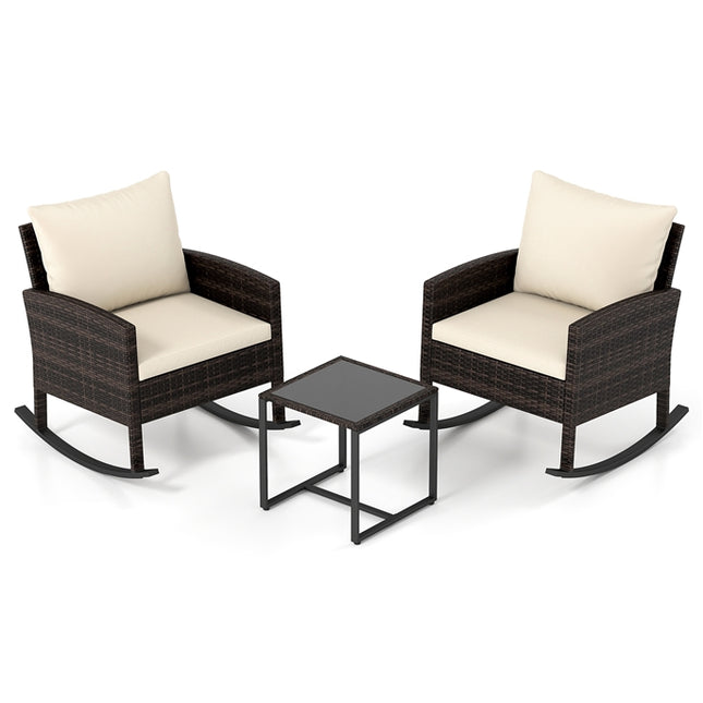 3-Piece Rattan Balcony Set – 2 Rocking Chairs, Glass Table