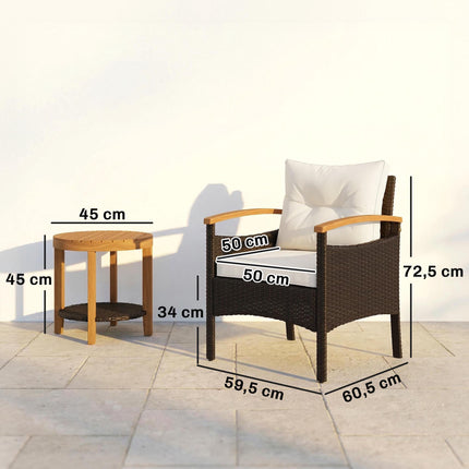 3-Piece Rattan Bistro Set with Cushions and Wood Table