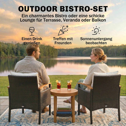 3-Piece Rattan Bistro Set with Cushions and Wood Table