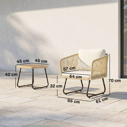 3-Piece Rattan Bistro Set with Cushions and Wood Table