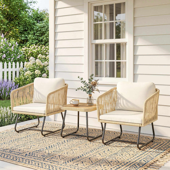 3-Piece Rattan Bistro Set with Cushions and Wood Table
