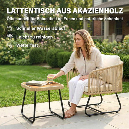 3-Piece Rattan Bistro Set with Cushions and Wood Table