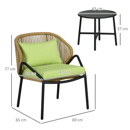 Rattan garden set: 2 chairs and table, cushions included