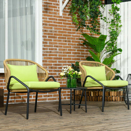 Rattan garden set: 2 chairs and table, cushions included